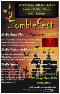 Lawton Public Library holds a Zombiefest on October 14th, 2015 from 5-8 pm 